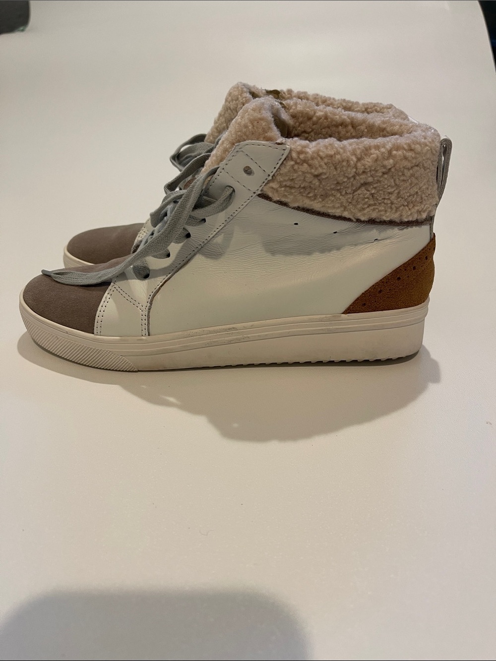 Blondo Gulia Waterproof White and Taupe Sherpa-Trim High Top Sneakers
